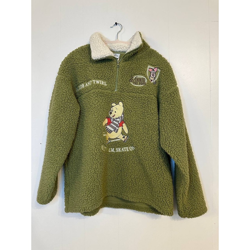 Disney Winnie the Pooh Green Fleece Sherpa 1/4 Zip Pullover Top L Skate